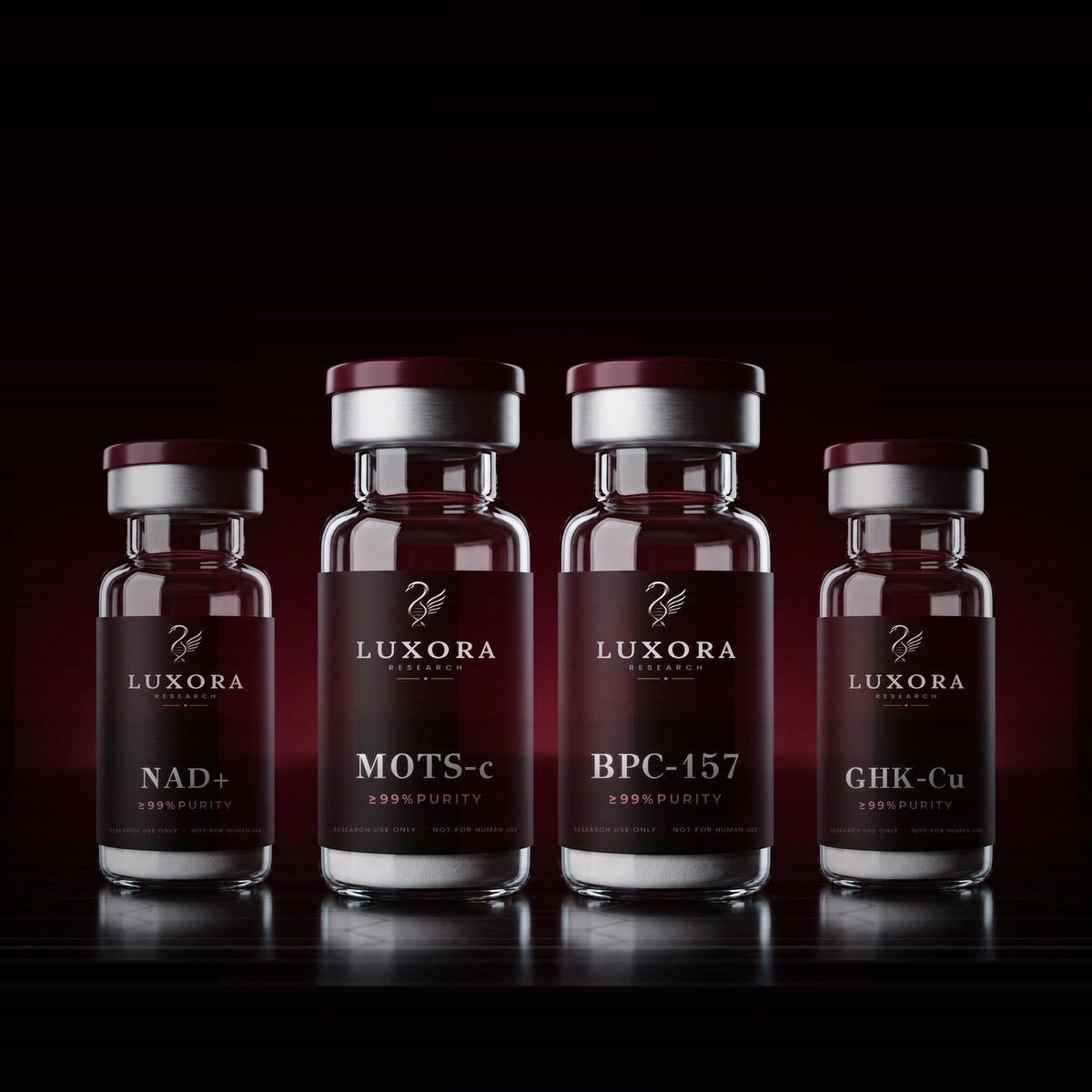 Four-Vial Set — NAD+ · MOTS-c · BPC-157 · GHK-Cu — 4 research vials